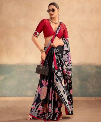 Black satin silk blend kalamkari printed rich sophisticated saree 2