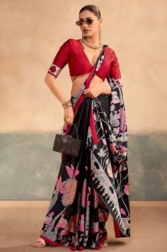Black satin silk blend kalamkari printed rich sophisticated saree