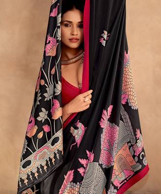 Black satin silk blend kalamkari printed rich sophisticated saree 3
