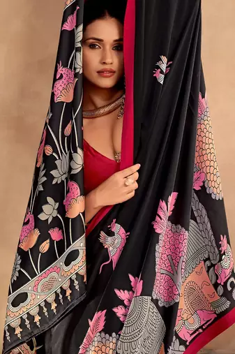 Black satin silk blend kalamkari printed rich sophisticated saree