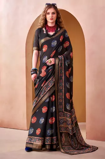 Black trendy p v chanderi girlie saree
