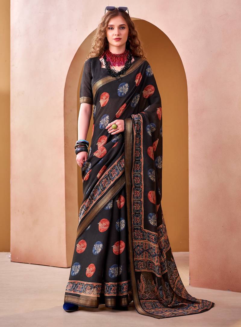Black trendy p v chanderi girlie saree