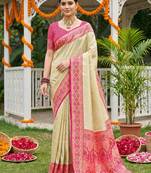Cream ethnic soft silk blend woven ceremonial saree