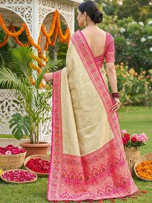 Cream ethnic soft silk blend woven ceremonial saree 2