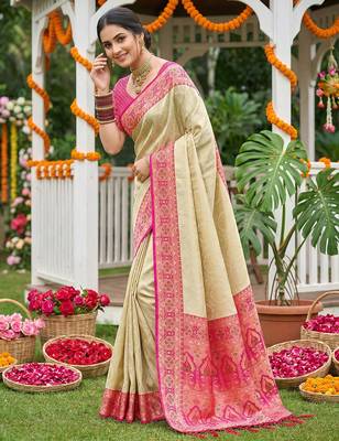 Cream ethnic soft silk blend woven ceremonial saree 3