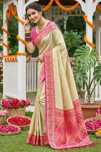 Cream ethnic soft silk blend woven ceremonial saree