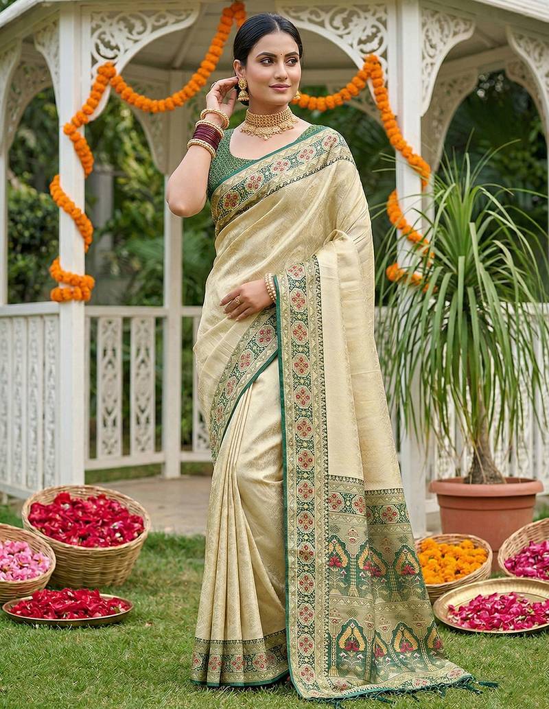Cream ethnic soft silk blend woven ceremonial saree