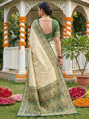 Cream ethnic soft silk blend woven ceremonial saree 2