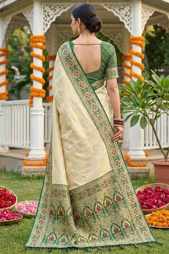 Cream ethnic soft silk blend woven ceremonial saree