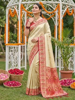 Cream ethnic soft silk blend woven ceremonial saree 1