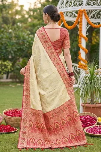 Cream ethnic soft silk blend woven ceremonial saree