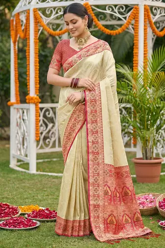 Cream ethnic soft silk blend woven ceremonial saree