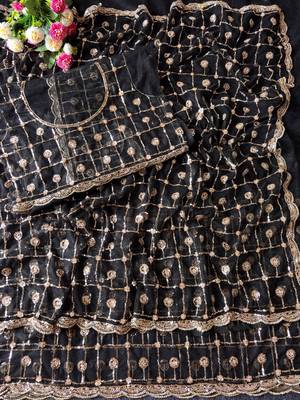 Black Color Beads And Sequence Work Net Saree 2