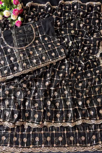 Black Color Beads And Sequence Work Net Saree