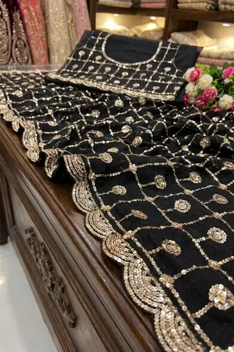 Black Color Beads And Sequence Work Net Saree