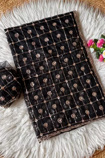 Black Color Beads And Sequence Work Net Saree