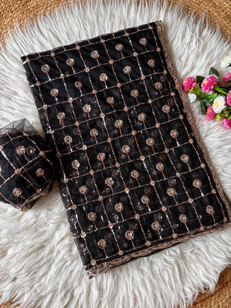 Black Color Beads And Sequence Work Net Saree
