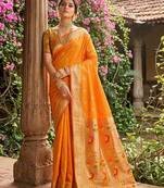 Yellow soft silk blend woven partywear saree