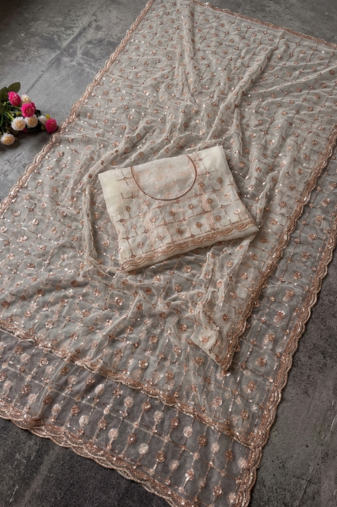 Light Cream Color Beads And Sequence Work Net Saree