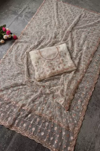 Light Cream Color Beads And Sequence Work Net Saree