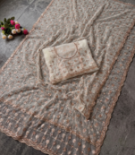 Light Cream Color Beads And Sequence Work Net Saree