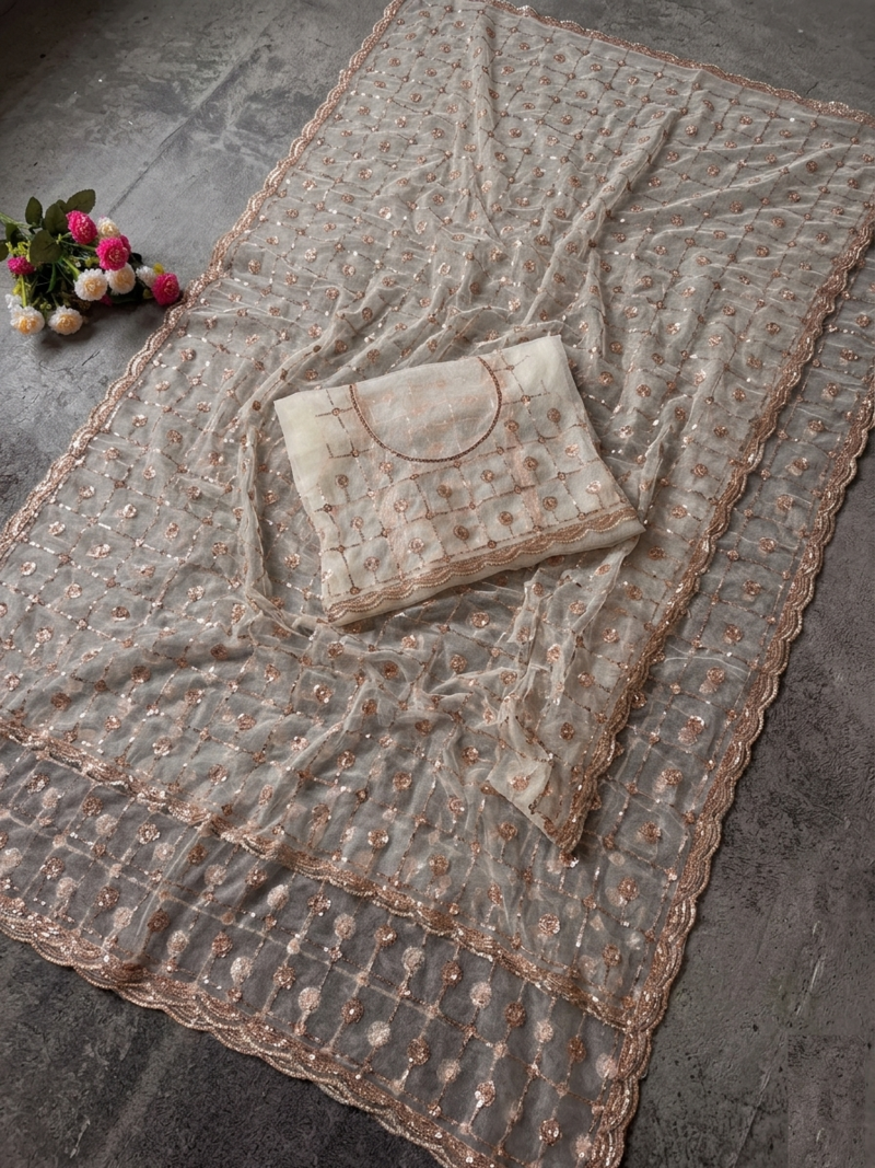 Light Cream Color Beads And Sequence Work Net Saree