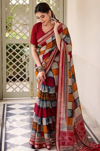 Maroon viscose chanderi casual looks saree