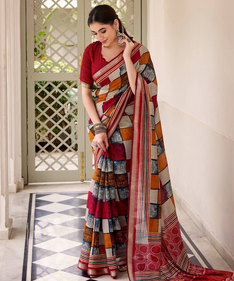 Maroon viscose chanderi casual looks saree