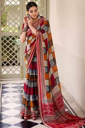 Maroon viscose chanderi casual looks saree