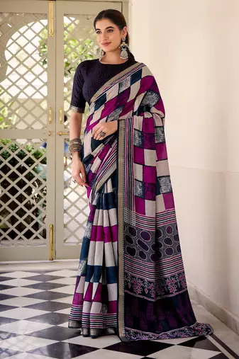 Navy blue viscose chanderi casual looks saree