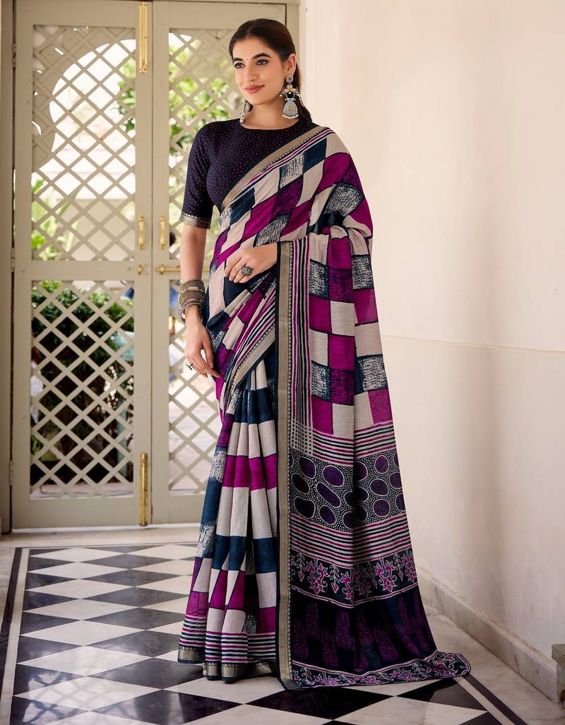 Navy blue viscose chanderi casual looks saree
