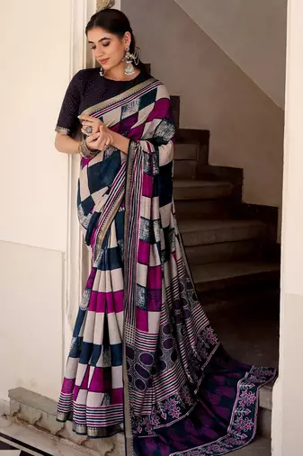 Navy blue viscose chanderi casual looks saree