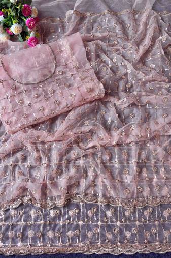 Light Pink Color Beads And Sequence Work Net Saree