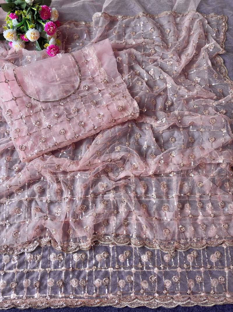 Light Pink Color Beads And Sequence Work Net Saree