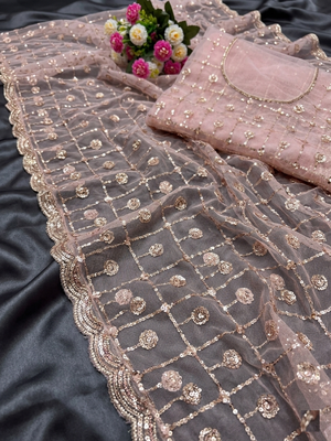 Light Pink Color Beads And Sequence Work Net Saree 2