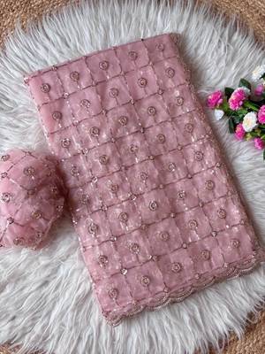 Light Pink Color Beads And Sequence Work Net Saree 3