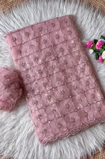 Light Pink Color Beads And Sequence Work Net Saree