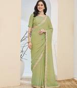 pista silk blend partywear pre draped saree