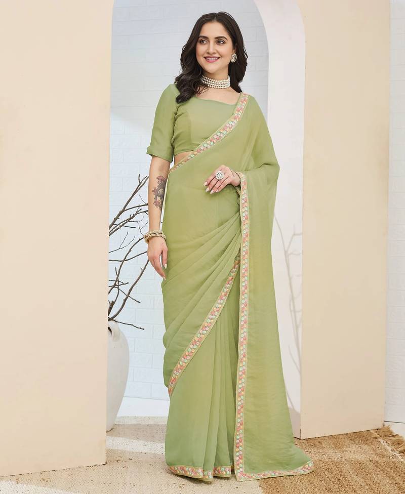 pista silk blend partywear pre draped saree
