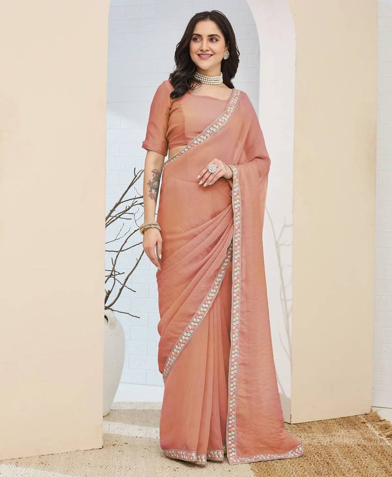 peach silk blend partywear ready made saree