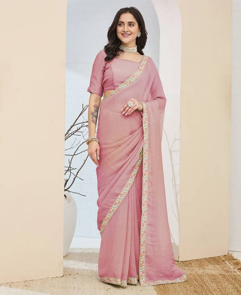 pink silk blend partywear ready to wear saree