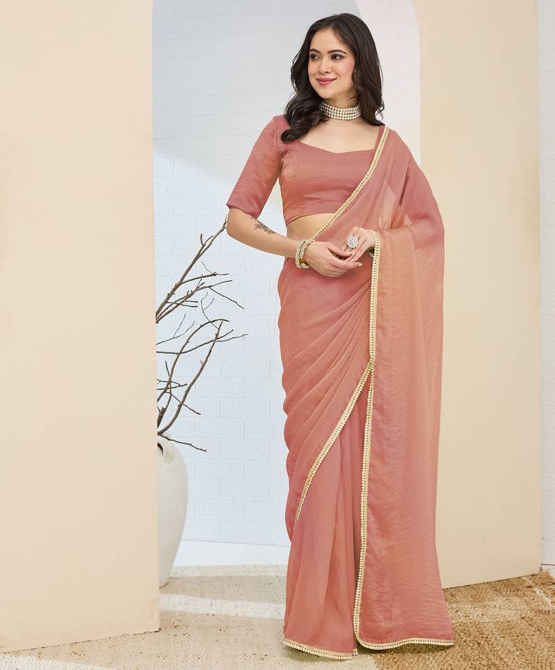 peach silk blend partywear pre draped saree