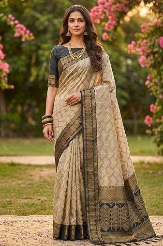 Beige cotton woven ethnic partywear saree