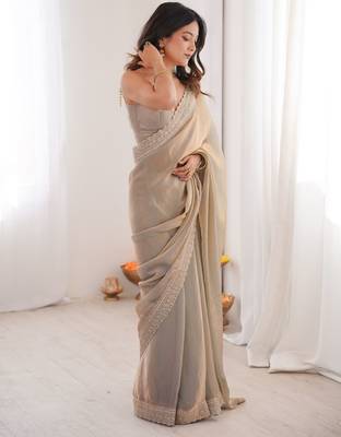 Grey satin partywear saree  4