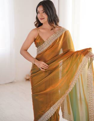 Orange satin partywear saree  3