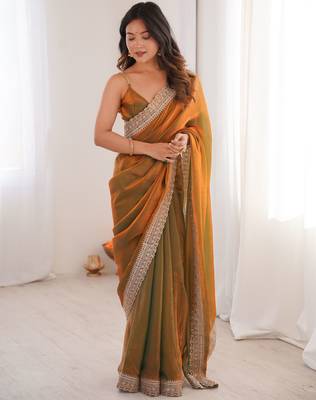 Orange satin partywear saree  4