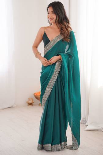 Sea green satin partywear saree 