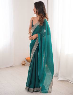 Sea green satin partywear saree  2