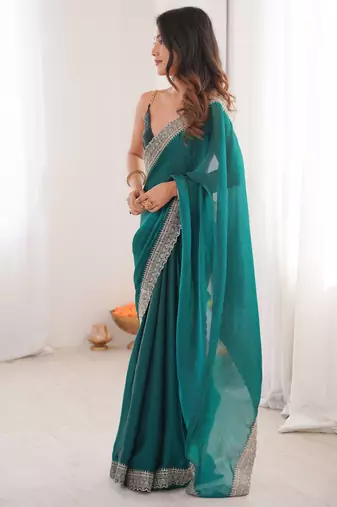 Sea green satin partywear saree 