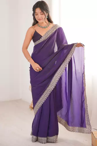Violet satin partywear saree 